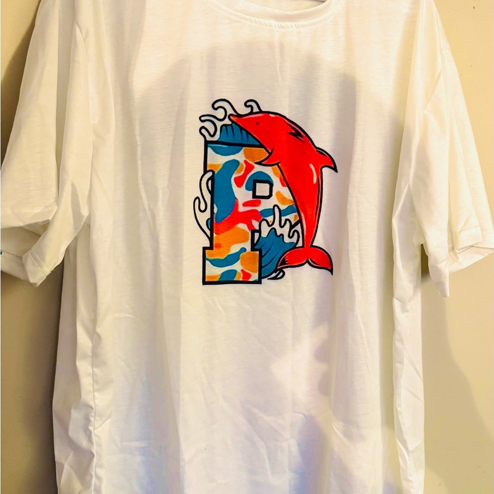 Men’s Red dolphin W/Ghost Guy from Mario bros white t shirt & multi color shorts